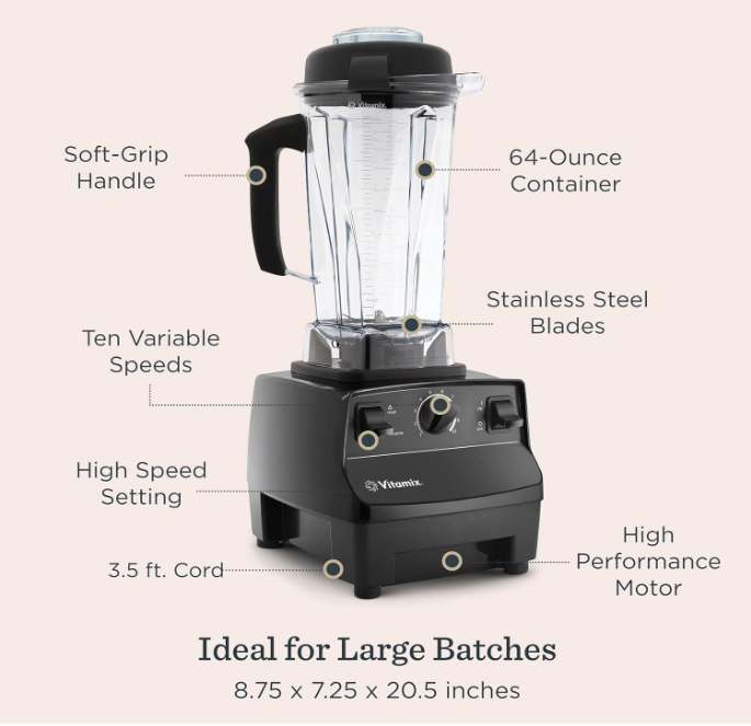 Ideal for Large Batches - Soft-grip handle, 64-ounce container, ten variable speeds, high-speed setting, 3.5 ft cord, stainless steel blades, high-performance motor